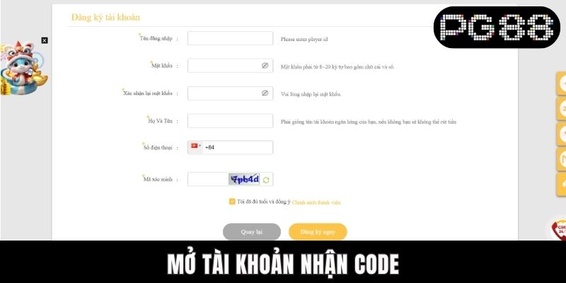 Mở tài khoản nhận code